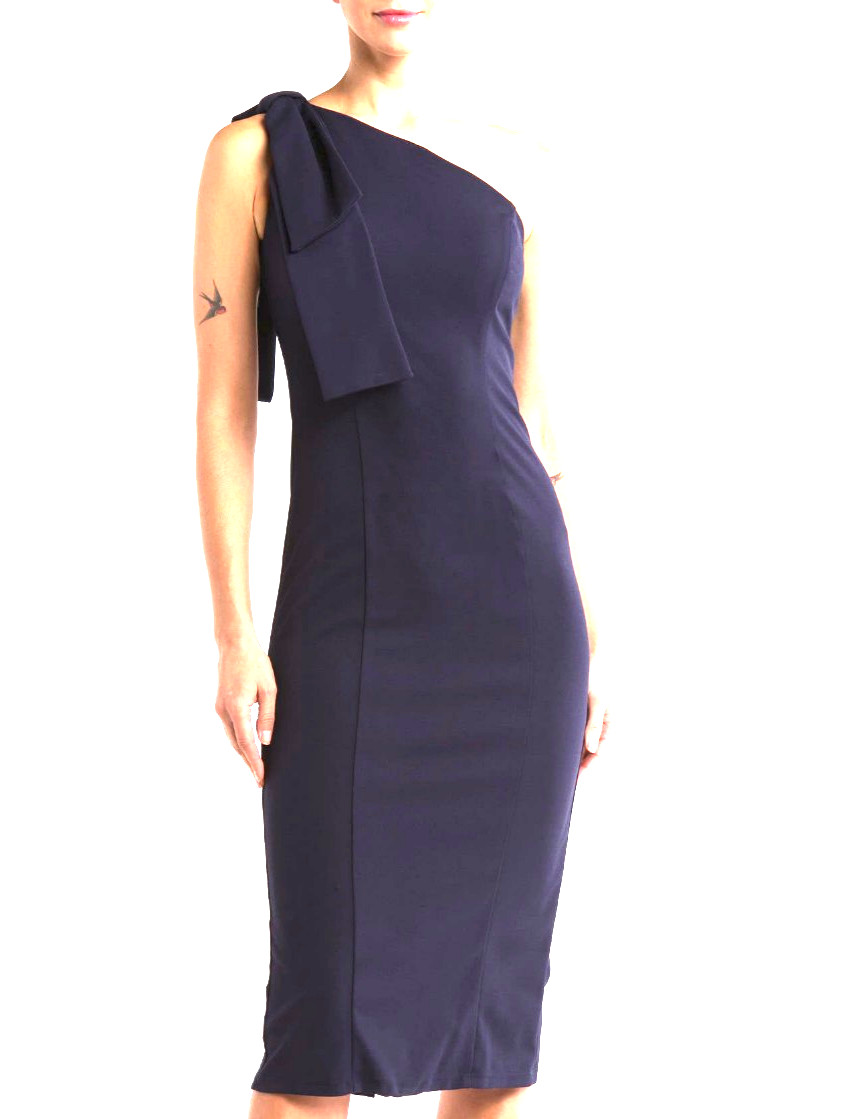 MARINA Bow Detail One Shoulder Sheath Navy Crepe Stretchable Dress sz. L New