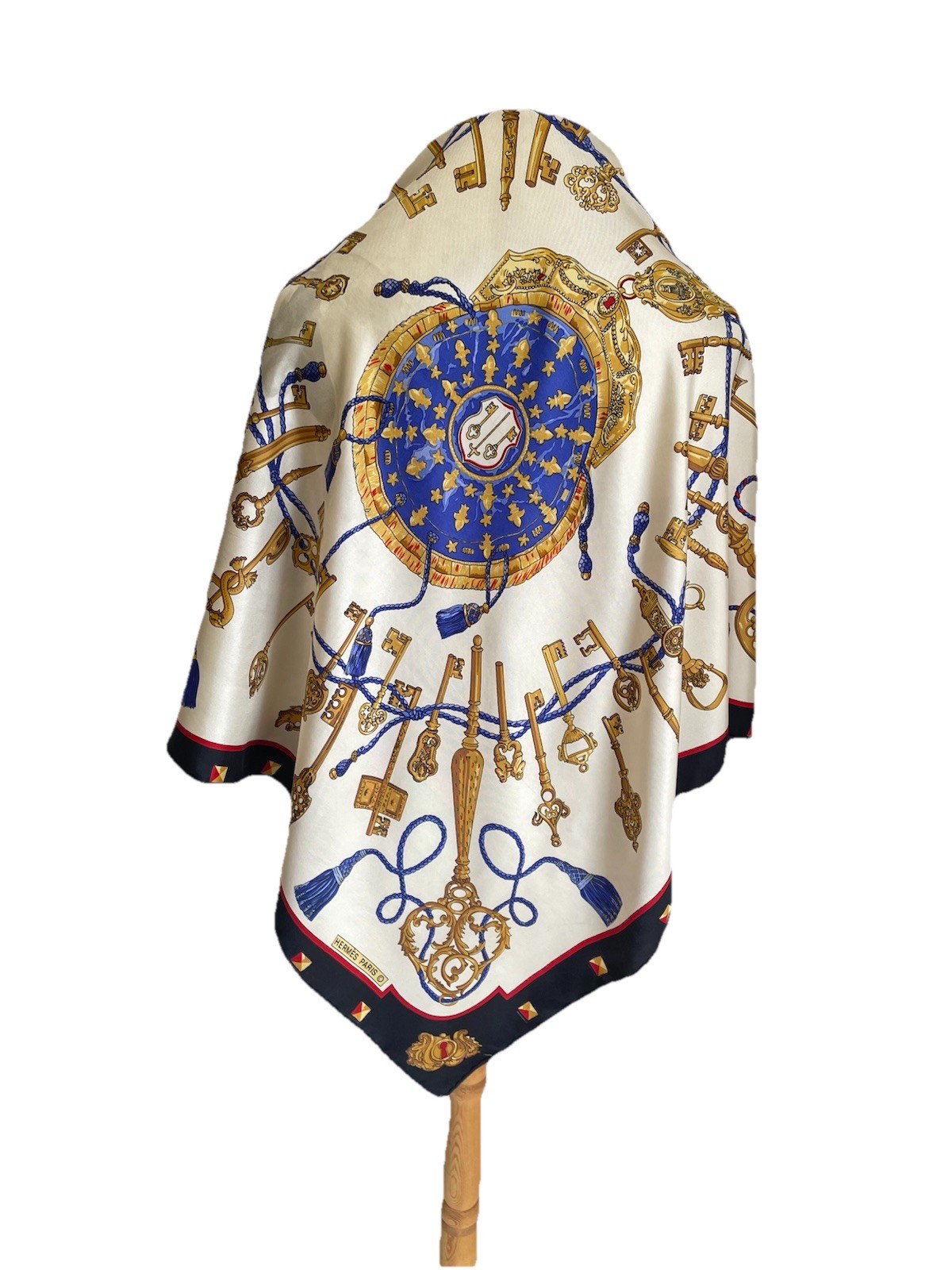 AS7# Vintage Hermes Paris Scarf Square Keys Tassels Navy Blue Gold Cream Flawed