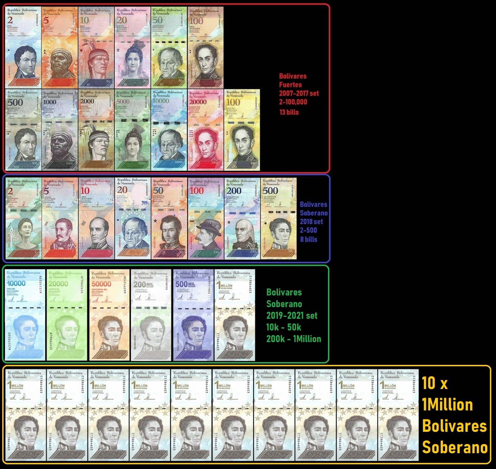 Venezuela Set 2-100,000 Bolivares, 2-500 / 10k-1000k +10 X 1mil 37 PCS + BONUS