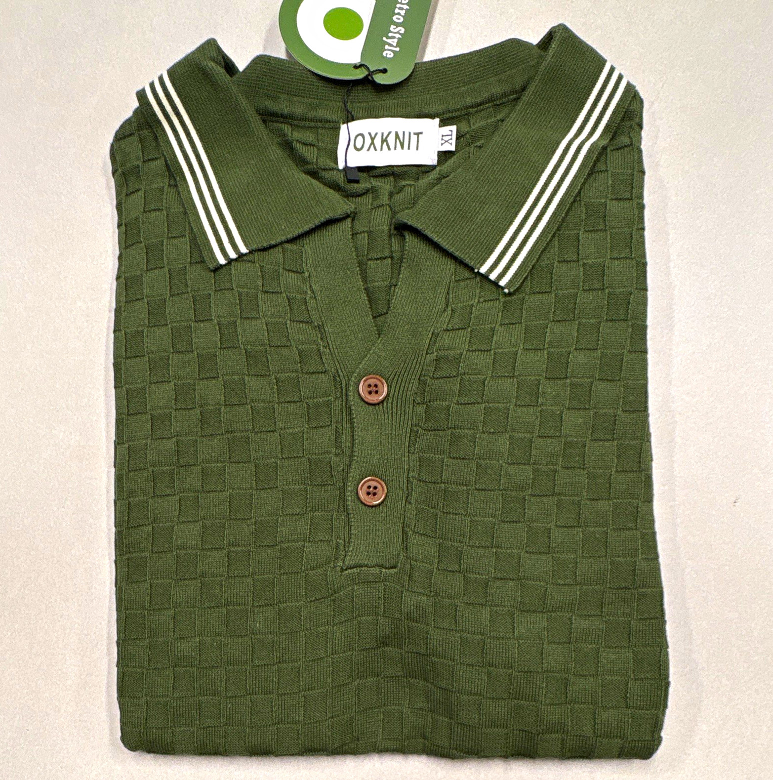 OXKNIT Men\'s XL Textured Knit Polo Shirt Green Short Sleeve Button Collar