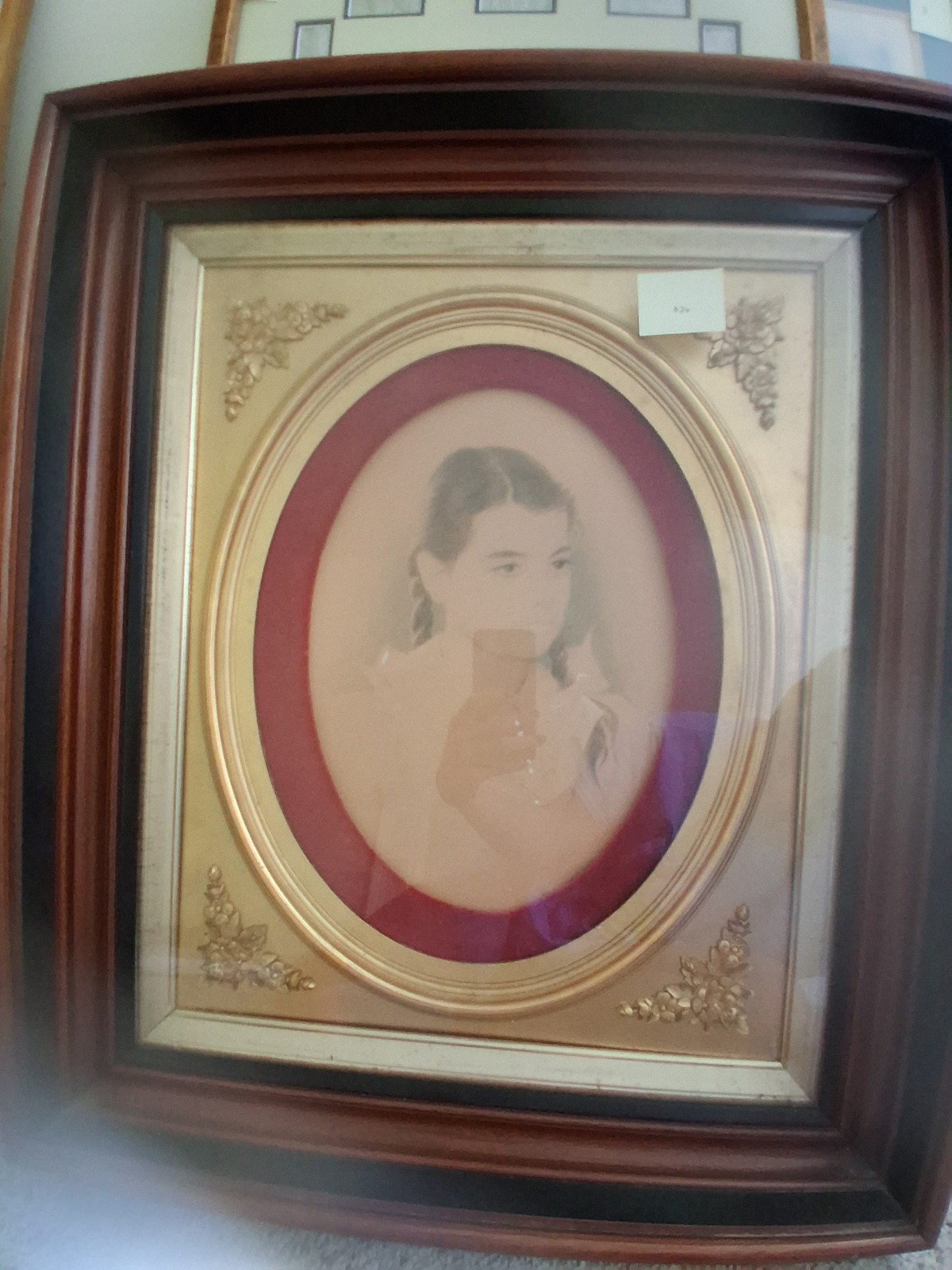 Antique c1890-1910 Crayon Portrait Young Woman Ornate Wood Gilt Victorian Frame