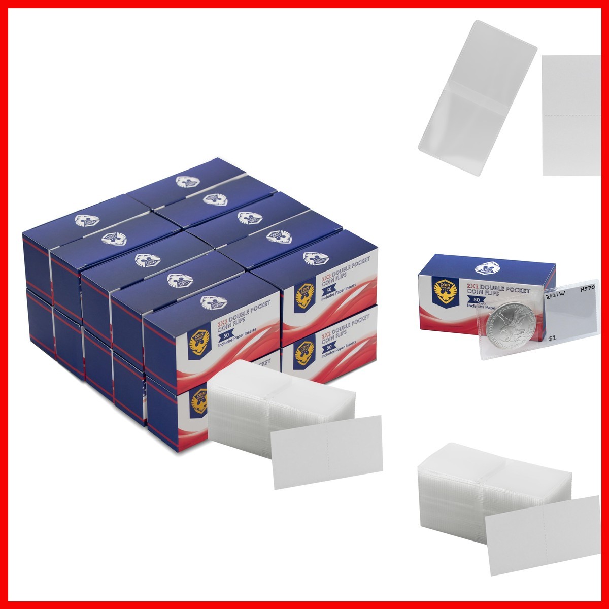 Coin Shield 1000 2x2 Double Pocket Coin Flips Clear Vinyl Holders with Inserts