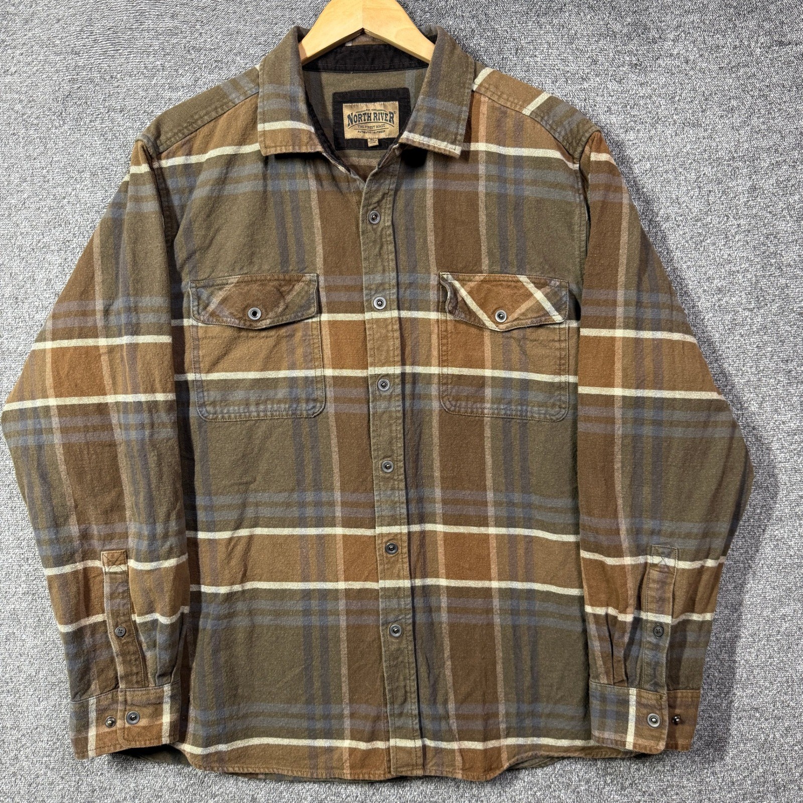 North River Flannel Shirt Mens XL Barn Brown Plaid Cotton Button Down