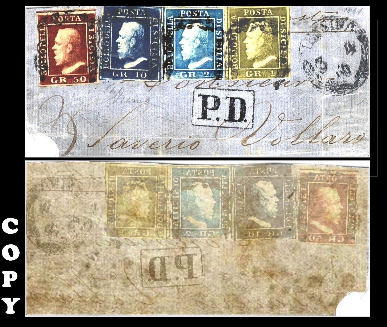 ITALY SICILY 1859 FOUR VALUES ON FRAGMENT REPRODUCTION ITALY SICILY 1859 FOUR VALUES ON FRAGMENT REPRODUCTION