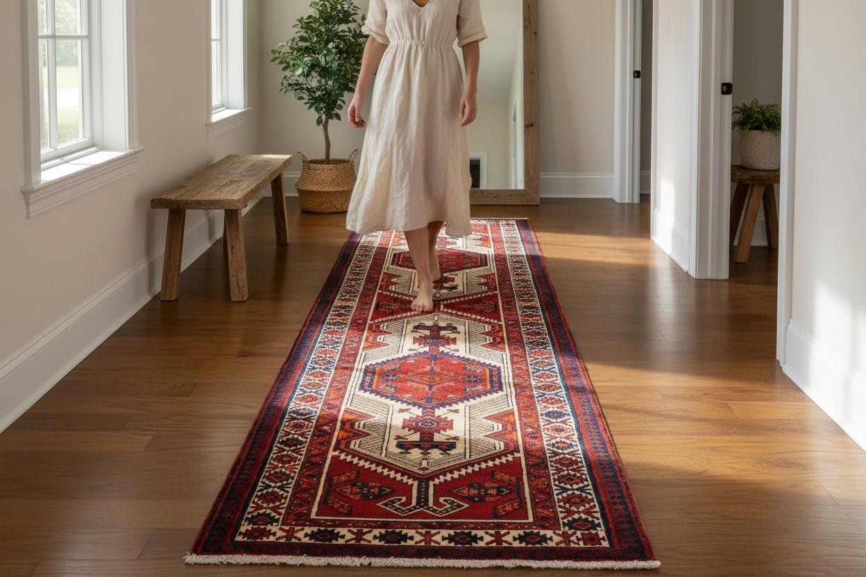 Geometric Semi Antique Handmade Wool Rug Vintage Oriental Carpet Runner 3'3 x 11