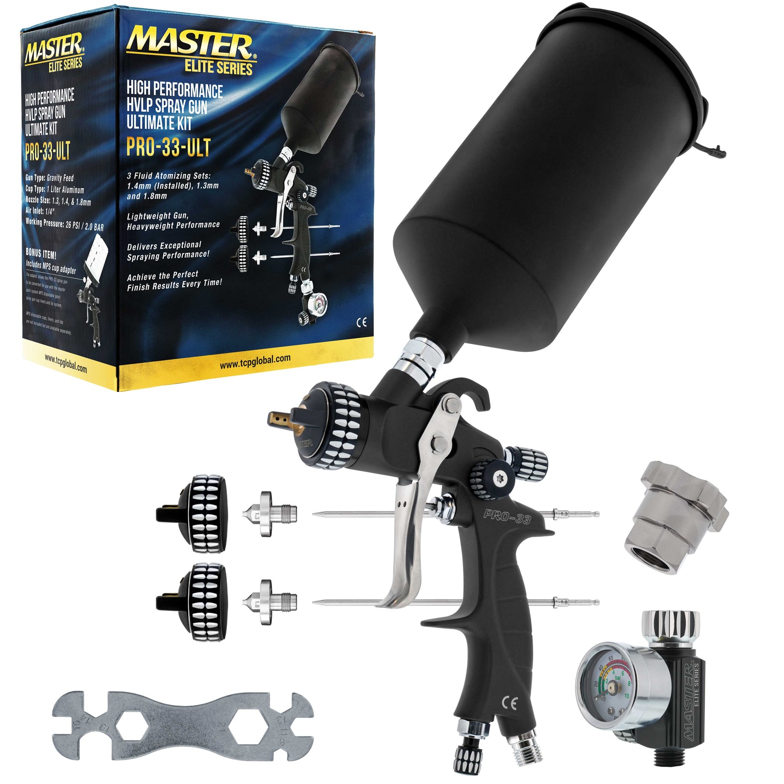 Master Elite Ultimate HVLP Spray Gun 1.3, 1.4, 1.8mm Fluid Tip Set Air Regulator Master Elite Ultimate HVLP Spray Gun 1.3, 1.4, 1.8mm Fluid Tip Set Air Regulator