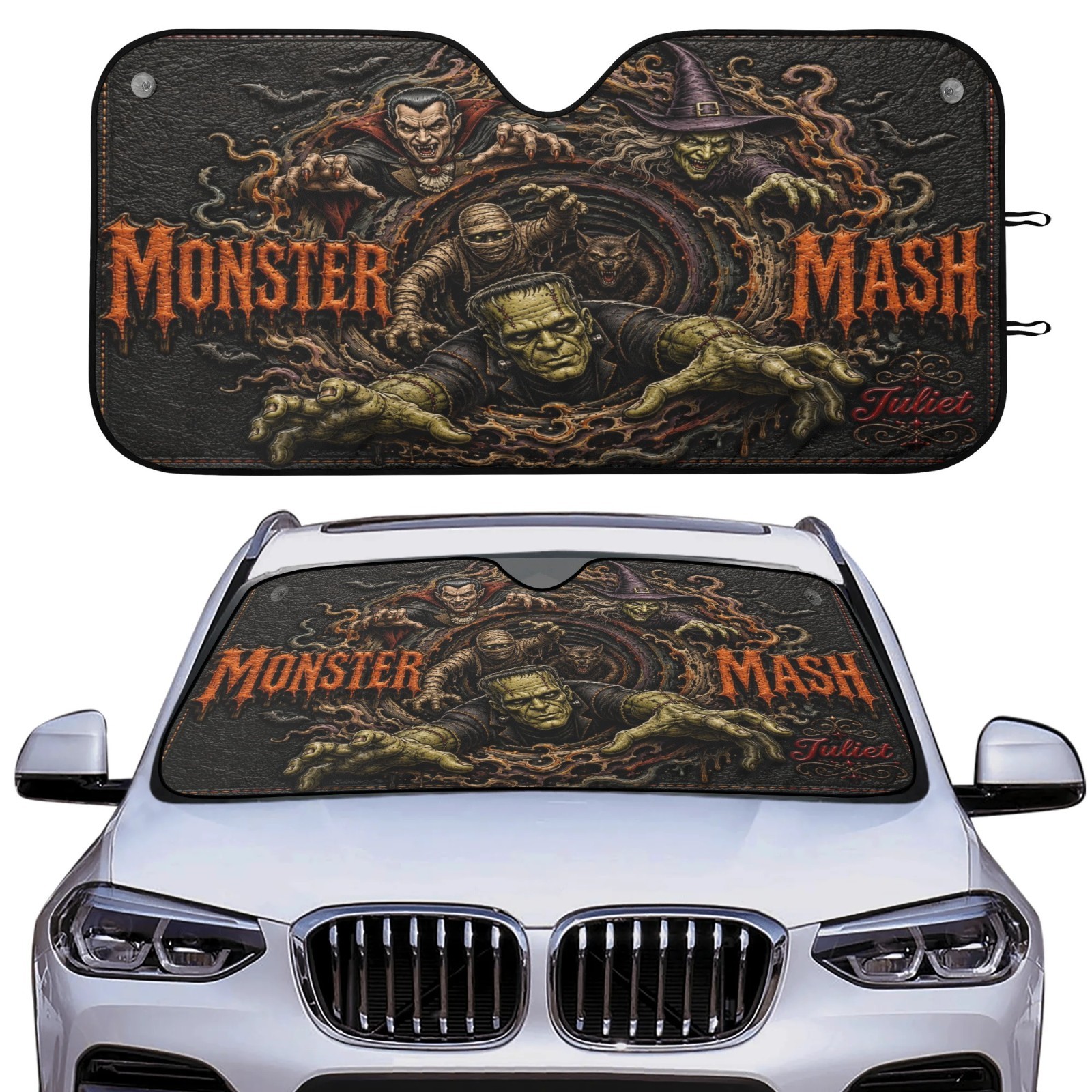 Personalized Monster Mash Car Sun Shade Windshield Visor Halloween Decor
