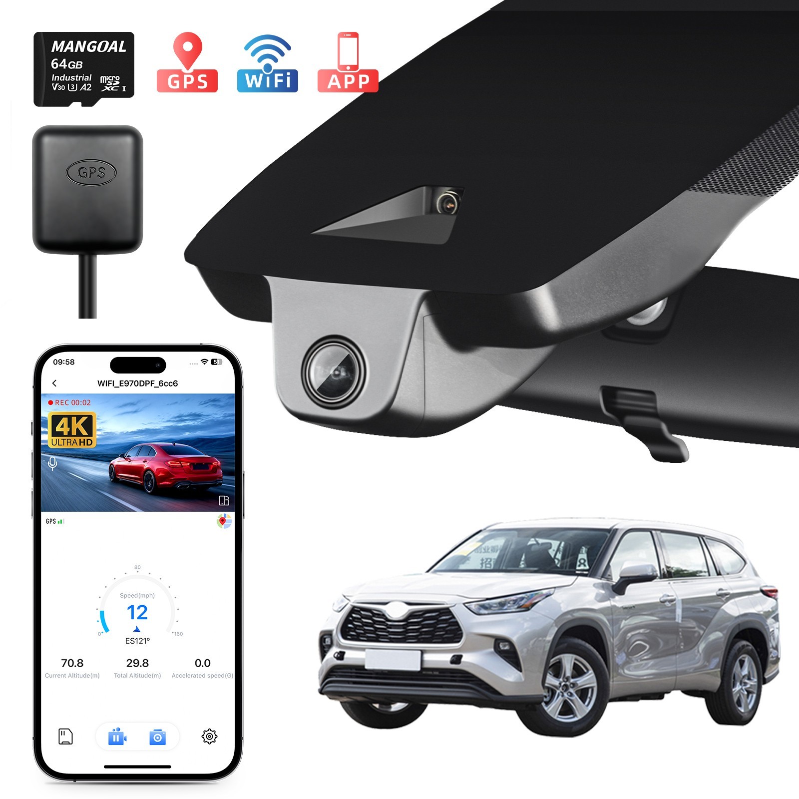 Mangoal 4K OEM Look Dash Cam Custom for Toyota Highlander & Hybrid 2020-2026 GPS