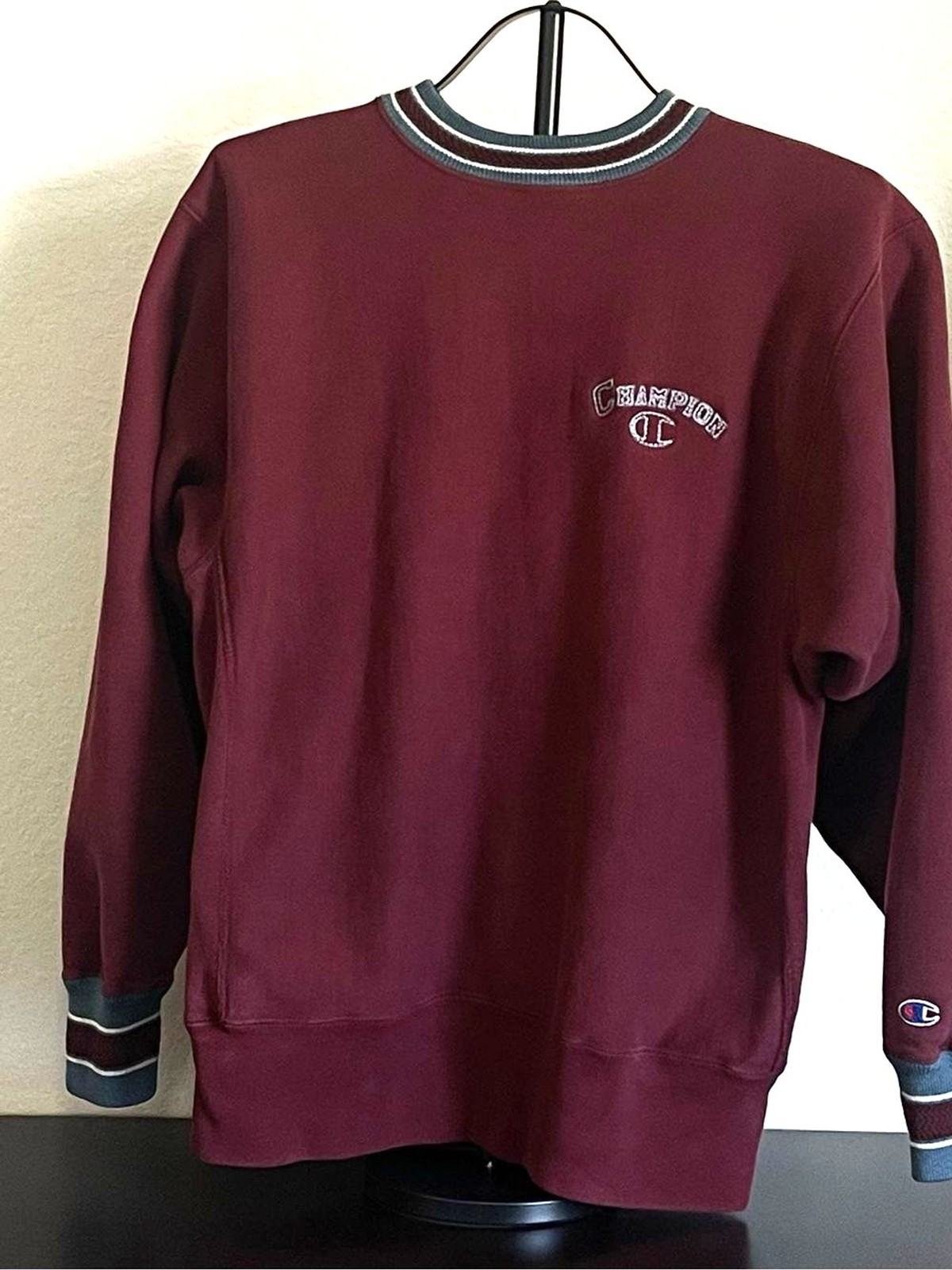 Vtg 90s Champion Reverse Weave Sweatshirt Large Maroon Striped Spellout USA Made