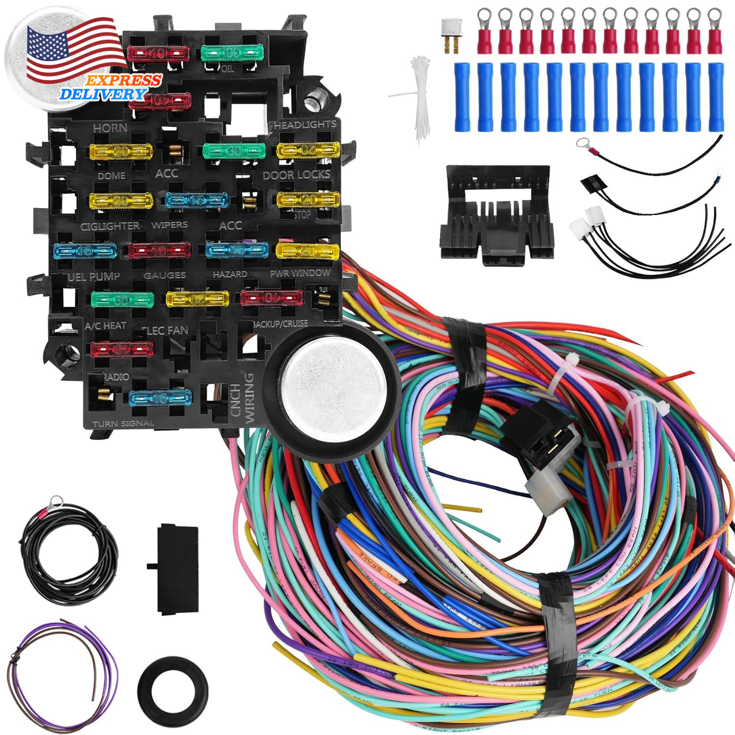 Universal 21 Circuit Wiring Harness Kit for GM Chevy Dodge Ford Hotrods USA Only