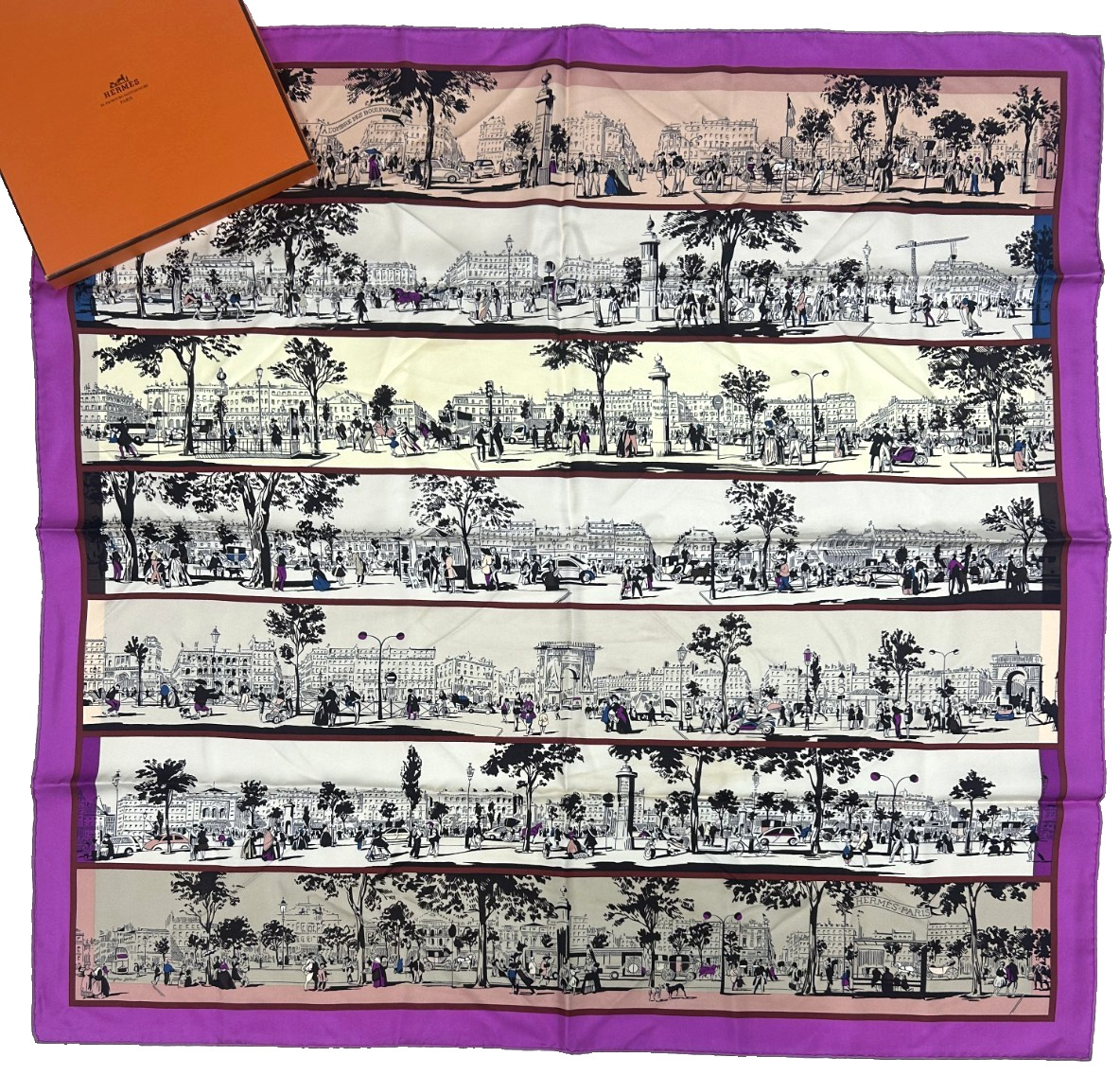 HERMES SCARF 90cm \'Dans l\'Ombre des Boulevards\' 100% Silk Purple Carre