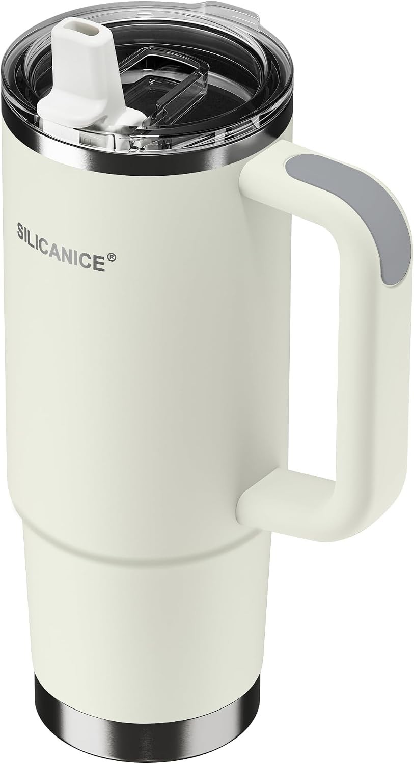 SALE SILICANICE 30oz Insulated Tumbler with Handle & Straw - cream- New in Box SALE SILICANICE 30oz Insulated Tumbler with Handle & Straw - cream- New in Box