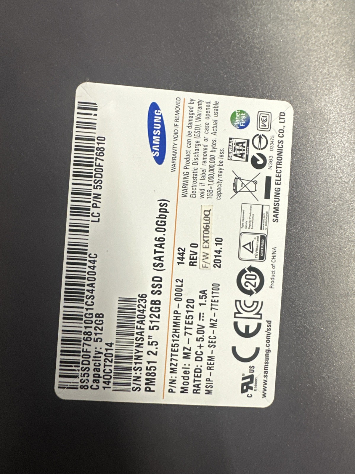 Samsung PM851 2.5-inch 512GB SATA III Solid State Drive (Model MZ-7TE512HMHP).