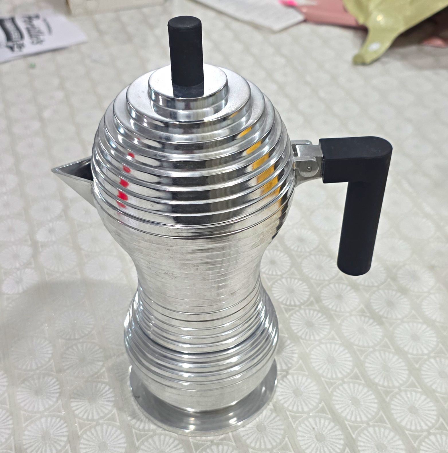Alessi Pulcina Stovetop Espresso Maker 6-Cup Silver/Black Aluminum Gas/Electric