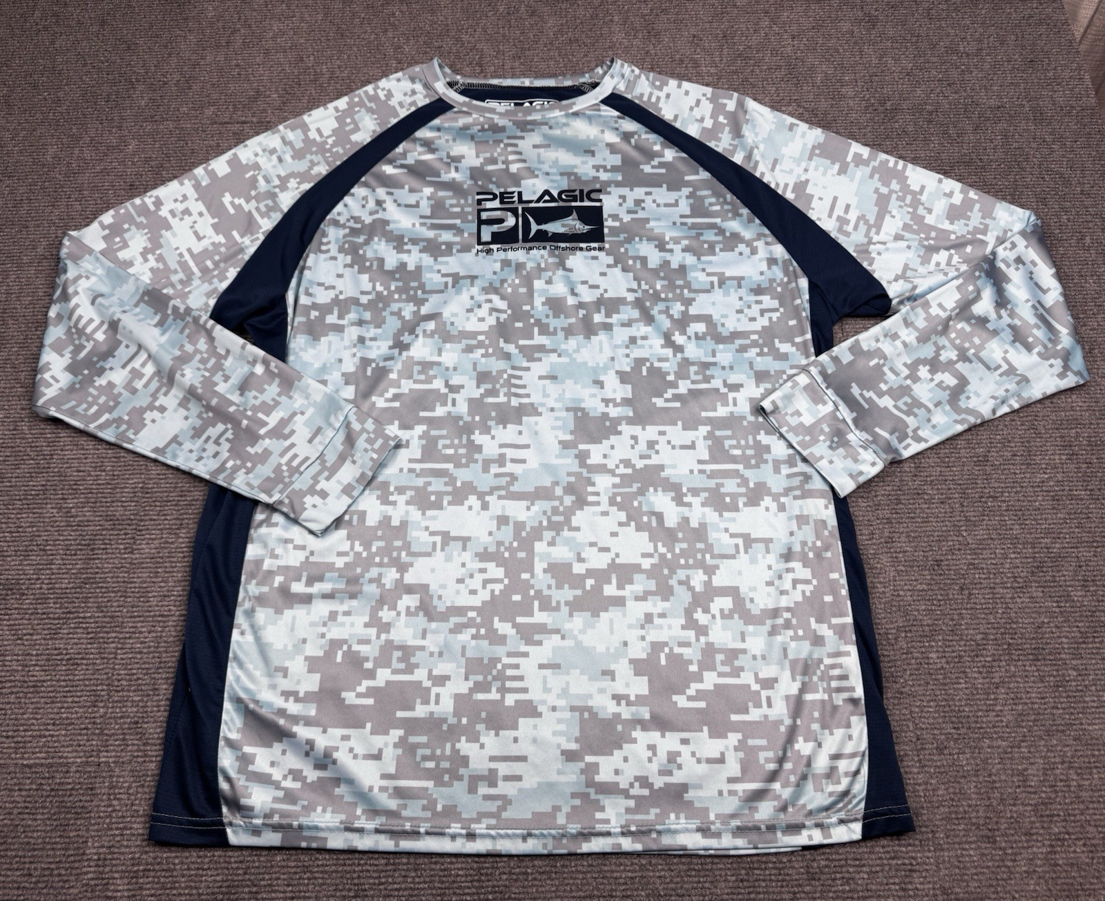 Pelagic Vaportek Fishing Shirt Mens Sz L Blue Digital Camo Ventilated UPF 50+