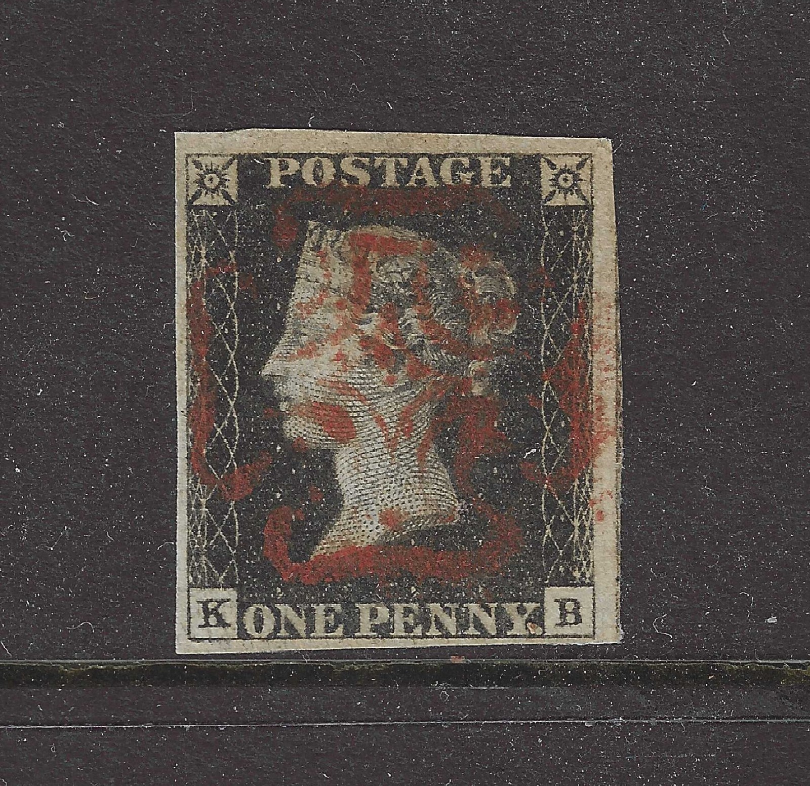 SG2 1840 1d black Stamp, KB, plate 6, 4 good margins, GB, QV, Red Maltese Cross