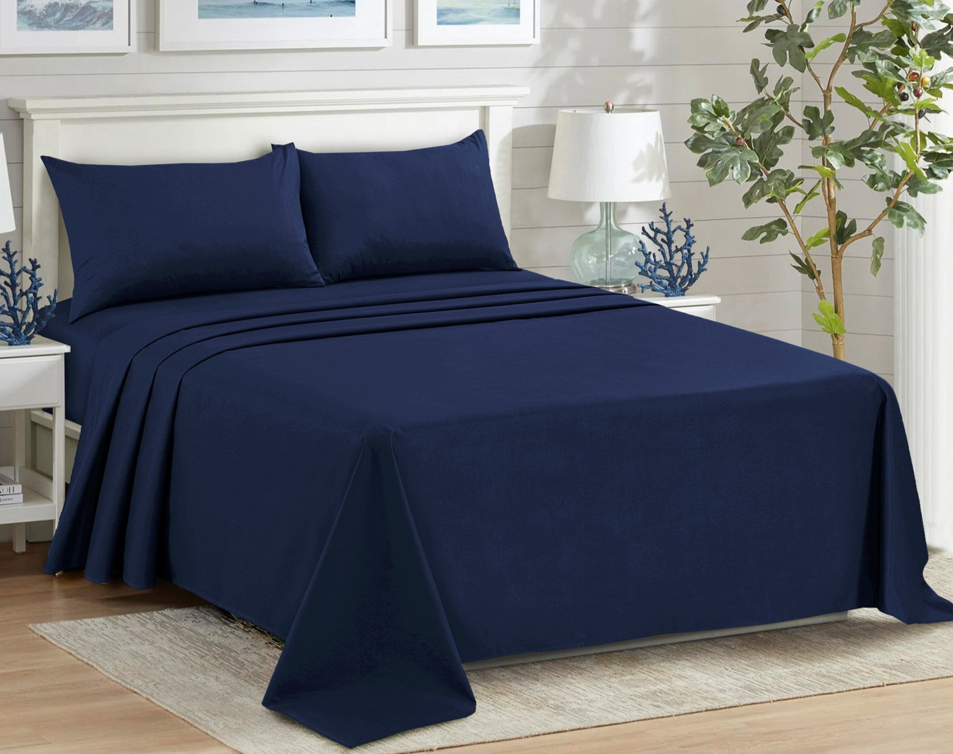 Hotel Luxury Flat Sheet Only, Soft Top Sheet Flat Bed Sheets USA Size Queen Navy