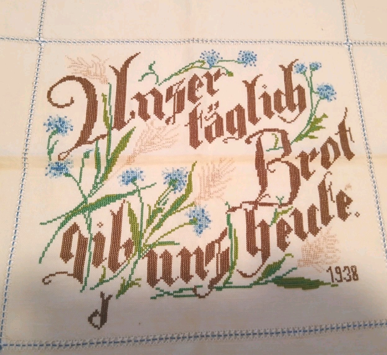 Vintage German Folk Art Embroidery  Textile . Give Us This Day Our Daily Bread