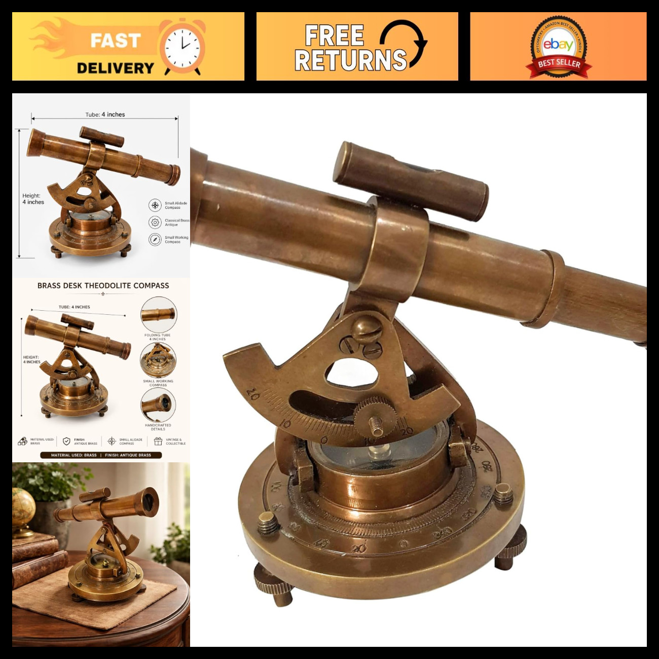 Antique Brass Nautical Telescope Compass - Theodolite Surveying Decor for Home/O