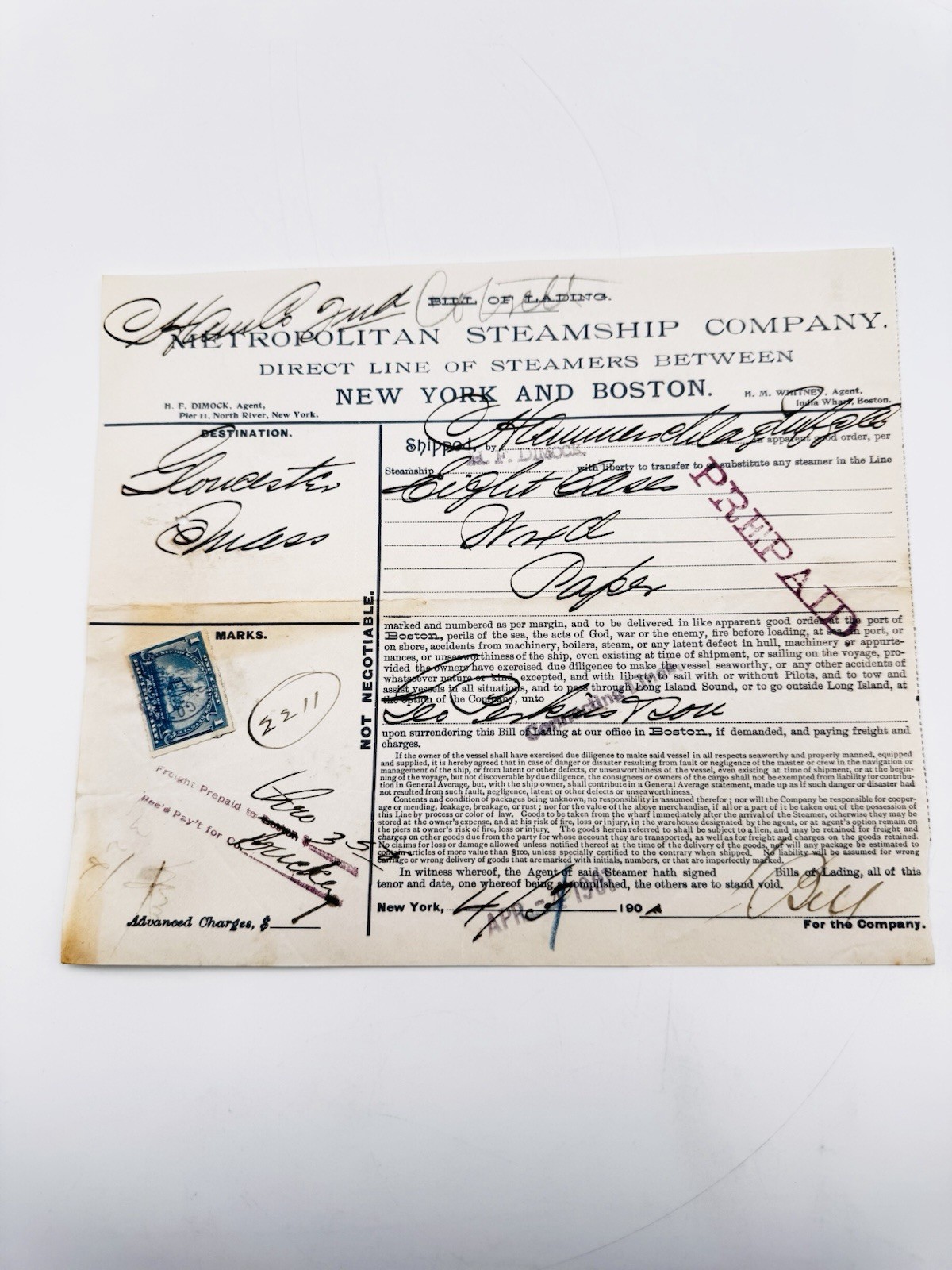 Antique 1904 Metropolitan Steamship Co Bill of Lading Document Revenue Stamp NY Antique 1904 Metropolitan Steamship Co Bill of Lading Document Revenue Stamp NY