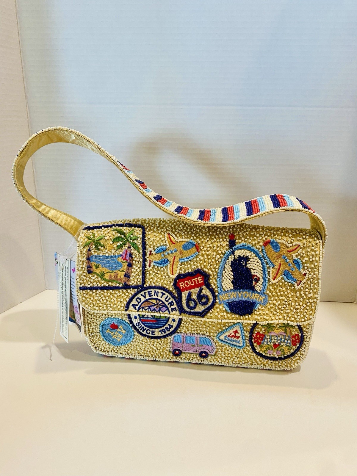 NWT VIRAL TIKTOK BEADED ROUTE 66 NEW YORK USA TRAVEL PATCHES SHOULDER BAG PURSE