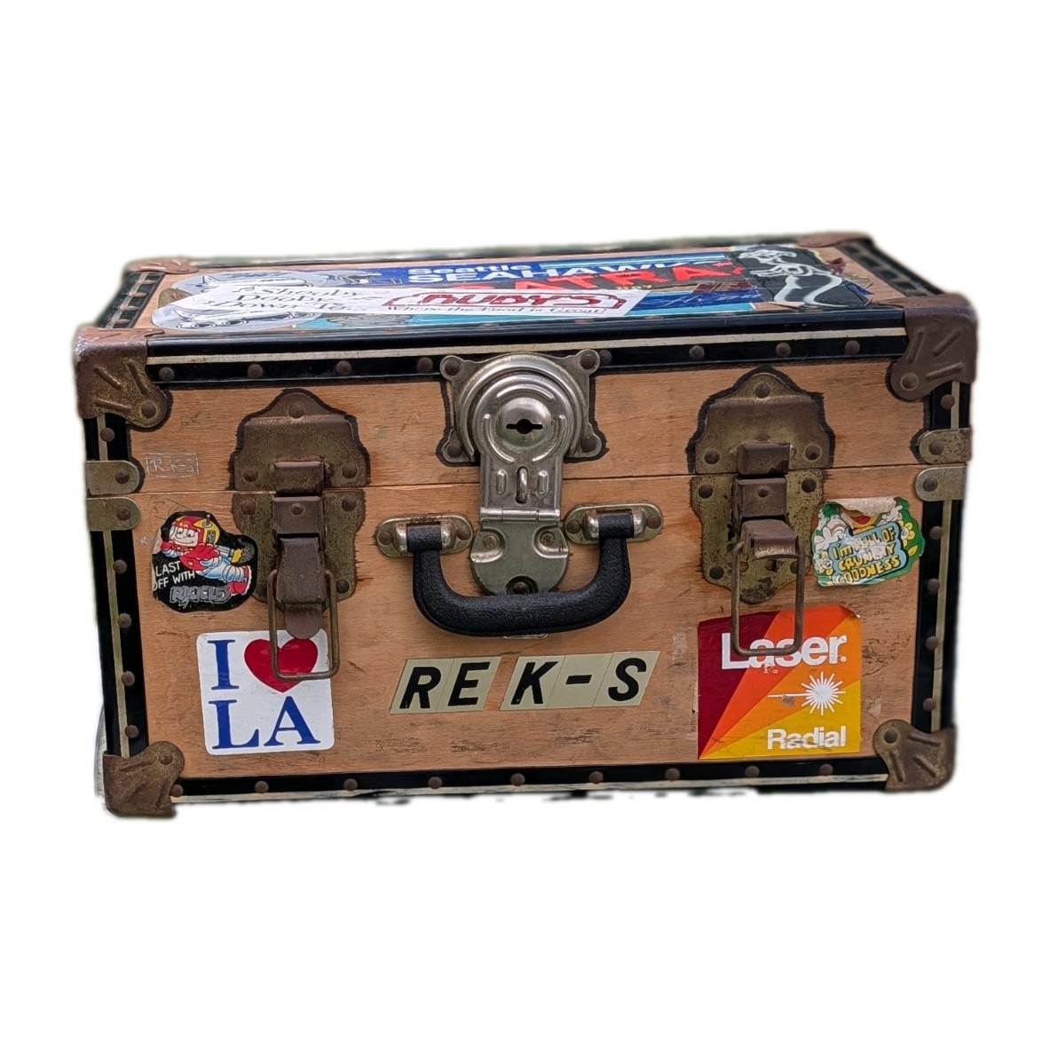 Antique Vtg Wooden Storage Chest Footlocker Box Decorative Case Retro Stickers