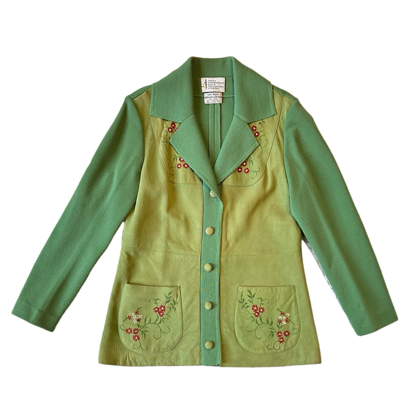 VTG 1970s Two Tone Green Floral Embroidered Wool Suede Mod Jacket Penny’s Sz 16 VTG 1970s Two Tone Green Floral Embroidered Wool Suede Mod Jacket Penny’s Sz 16