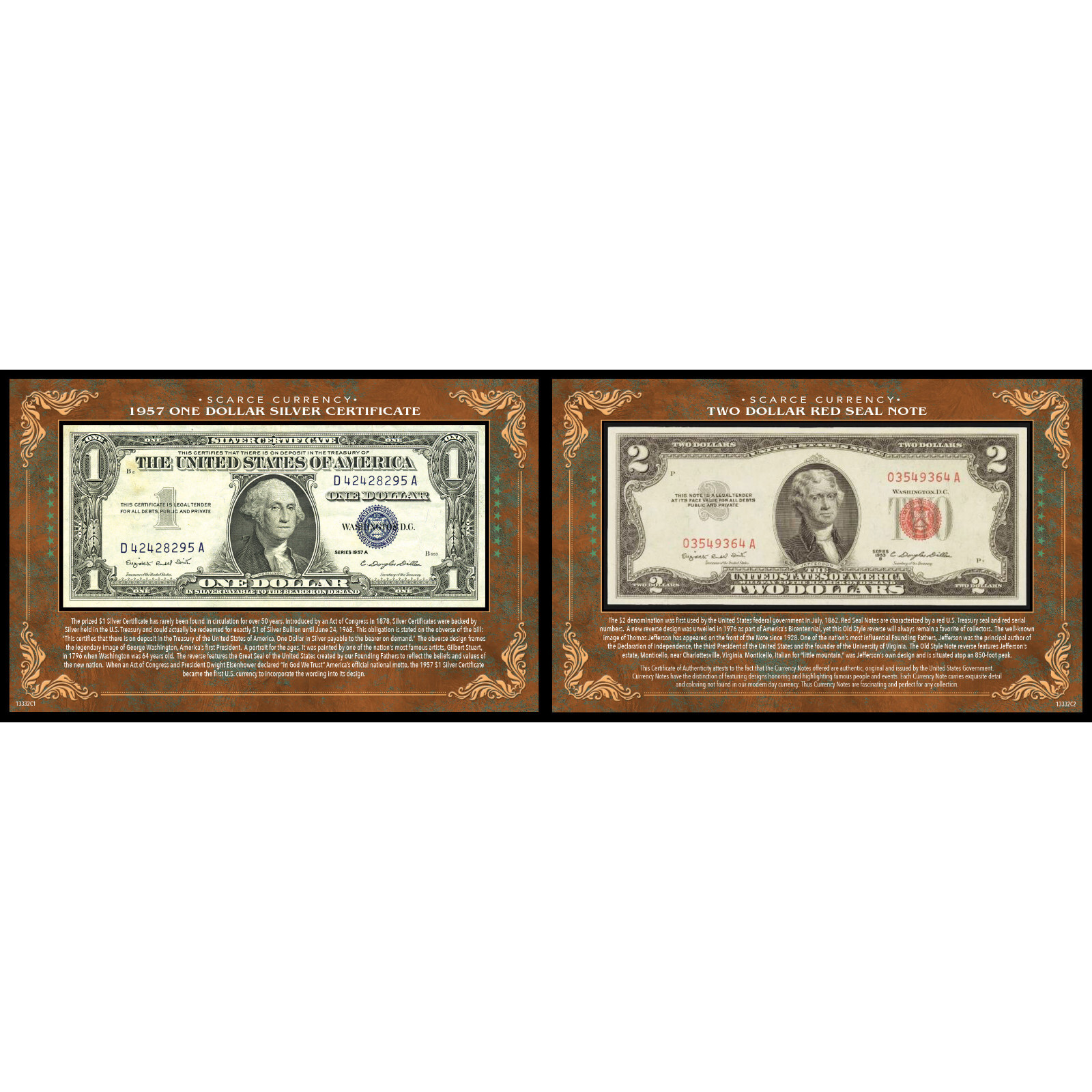 NEW Scarce Currency - 1957 $1 Silver Certificate and $2 Red Seal Note 13332