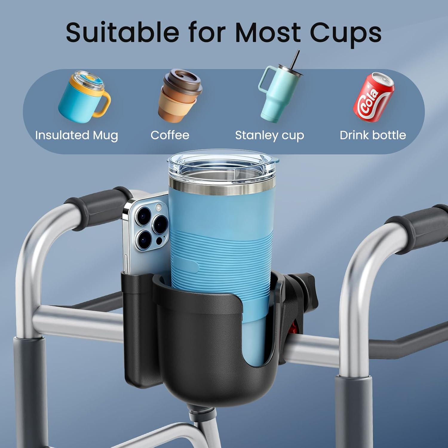 Guiseapue Cup Holder for Walker, Wheelchair Cup Holder with Phone Holder, Rollat