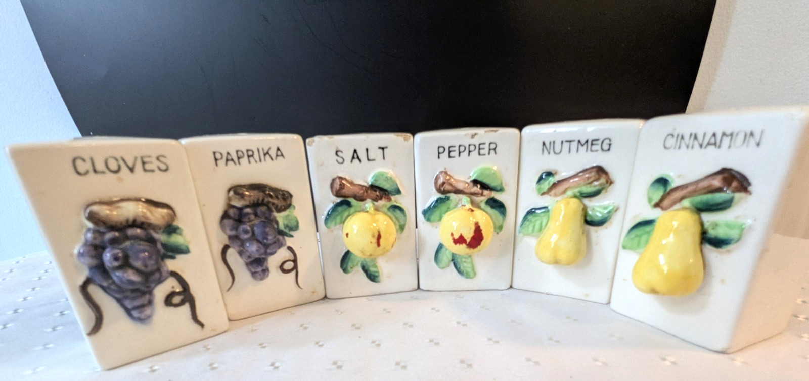 6 MCM Vintage Ceramic Spice Shakers-Handpainted Fruit and Spice Motifs-Japan 6 MCM Vintage Ceramic Spice Shakers-Handpainted Fruit and Spice Motifs-Japan