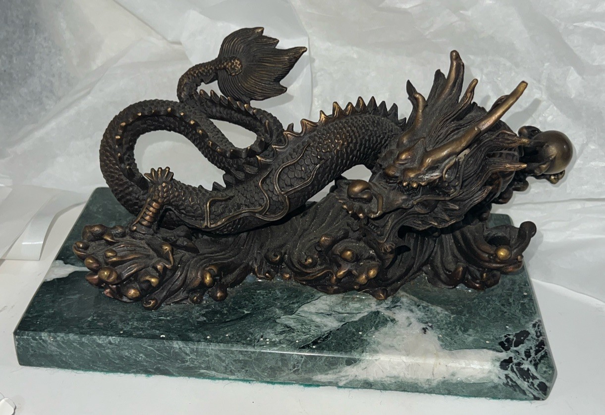 Oriental Dragon Flaming Pearl Bronze Sculpture Feng Shui Green Marble Base- Read Oriental Dragon Flaming Pearl Bronze Sculpture Feng Shui Green Marble Base- Read