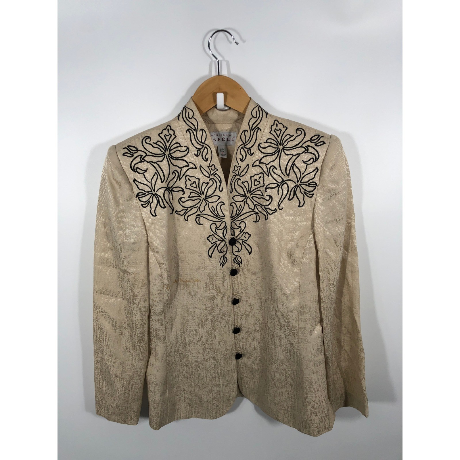 VTG Adriana Papell 100% Silk Jacket Womens 8 Beige Embroidered Mandarin Collar