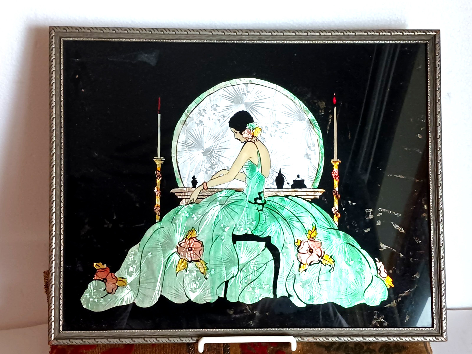 Vtg Art Deco Foil Art Lady at Vanity with Large Mirror and Tall Candles 1920-30s