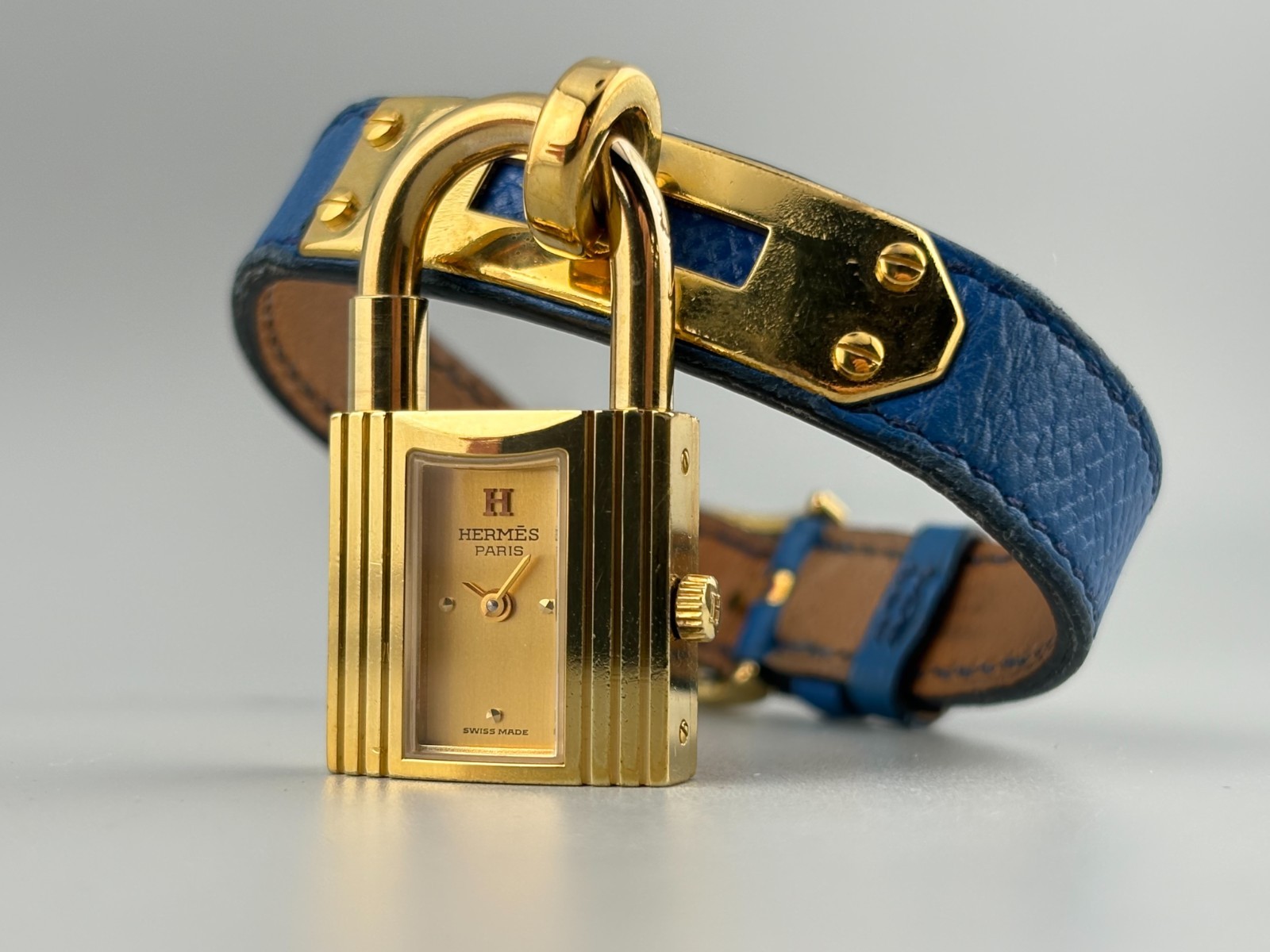 [Excellent] HERMES Kelly Gold Swiss Qz Women\'s Padlock Watch Blue Belt