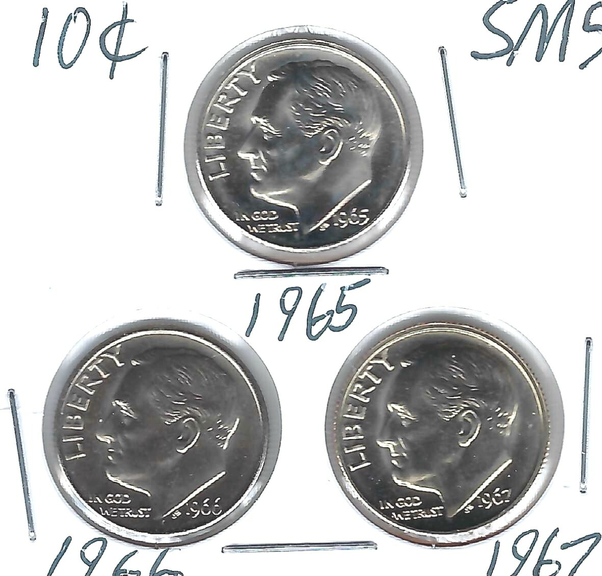 1965+1966+1967 Philadelphia Three Proof Like SMS Roosevelt Dimes 