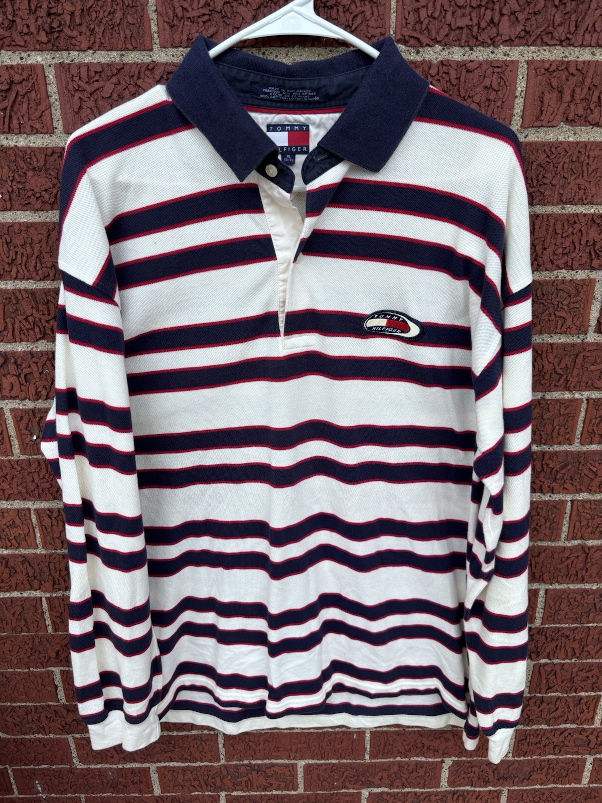 Vintage Tommy Hilfiger Mens XL Long Sleeve Rugby Shirt Striped White Blue Red Vintage Tommy Hilfiger Mens XL Long Sleeve Rugby Shirt Striped White Blue Red