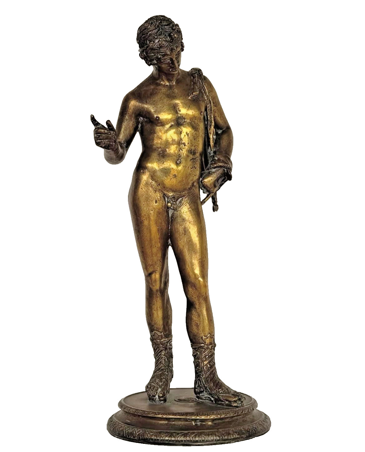 19TH C GRAND TOUR GILT BRONZE NARCISSUS OF POMPEII BACCHUS FIGURE 37CM