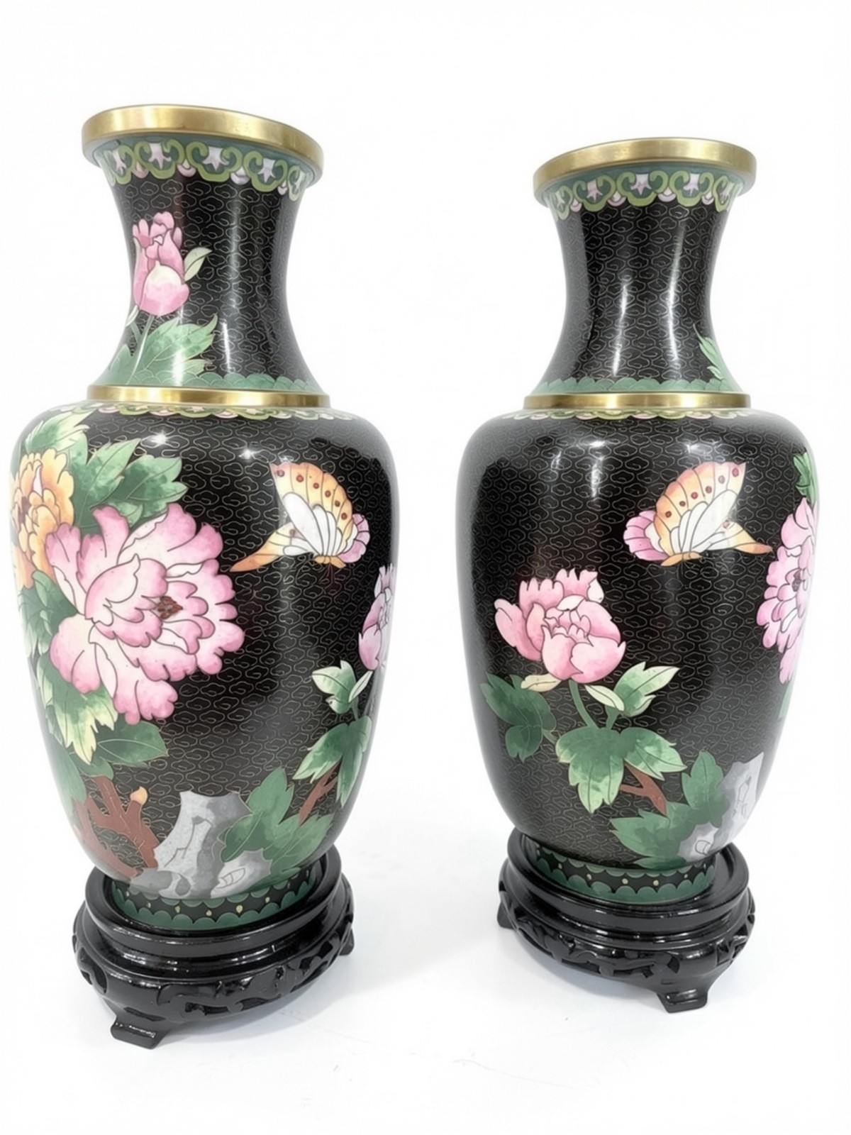Vintage Chinese Cloisonné Vase Pair – 12” Peony & Butterfly – Black Enamel