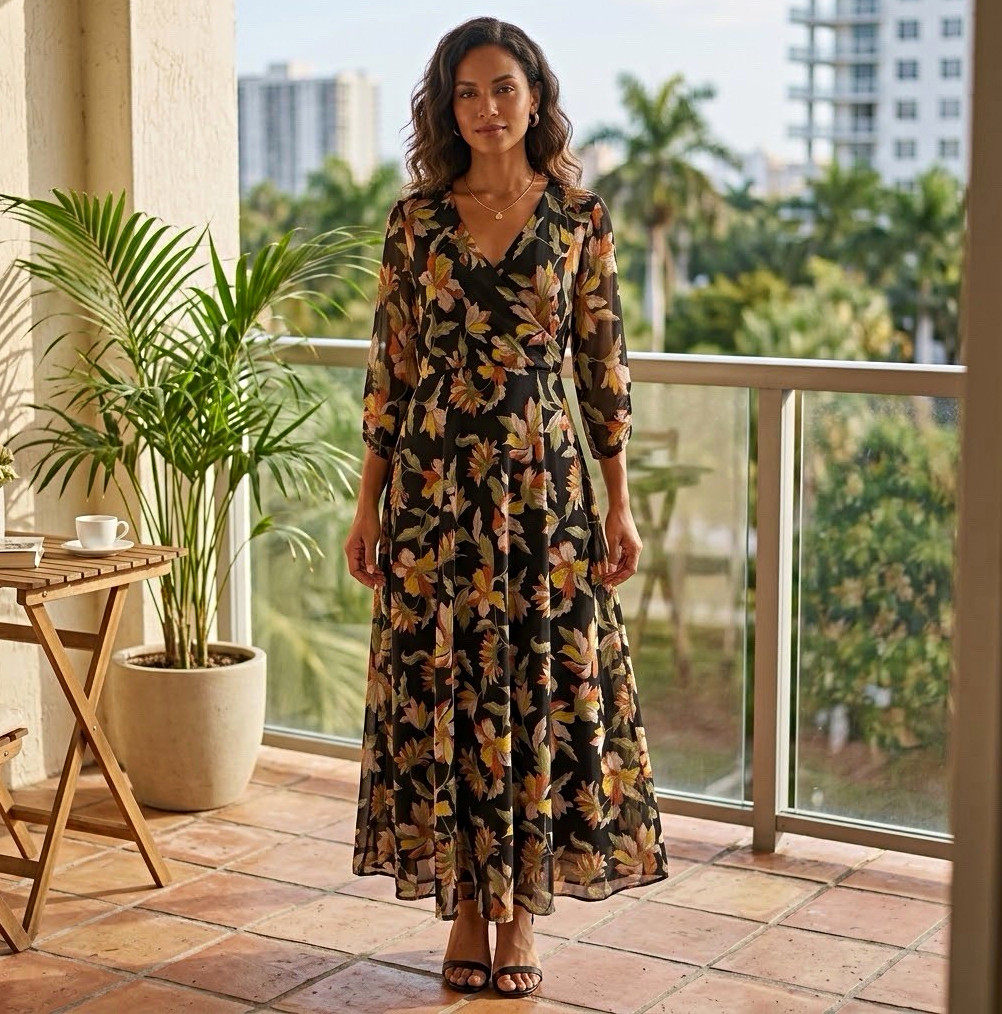 Harlow & Rose Women\'s L Black Floral Mesh Wrap Maxi Dress V-Neck 3/4 Sleeve Harlow & Rose Women\'s L Black Floral Mesh Wrap Maxi Dress V-Neck 3/4 Sleeve