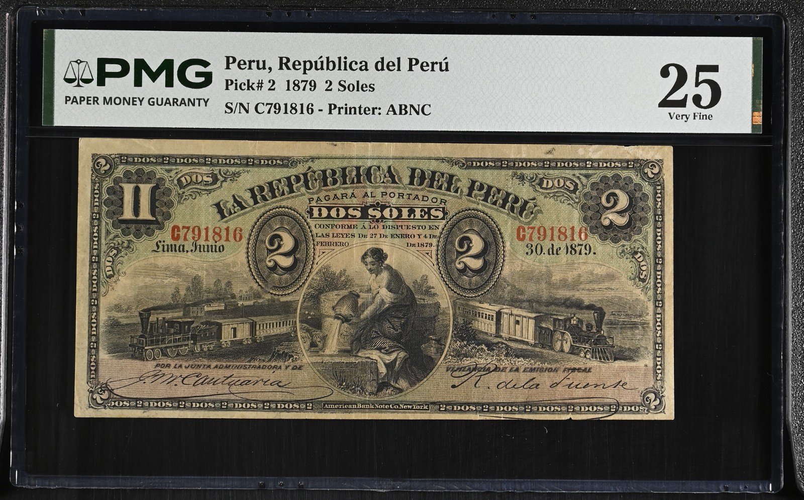 Peru, Republica del Peru, 1879 2 Soles P# 2, Steam Train Locomotive
