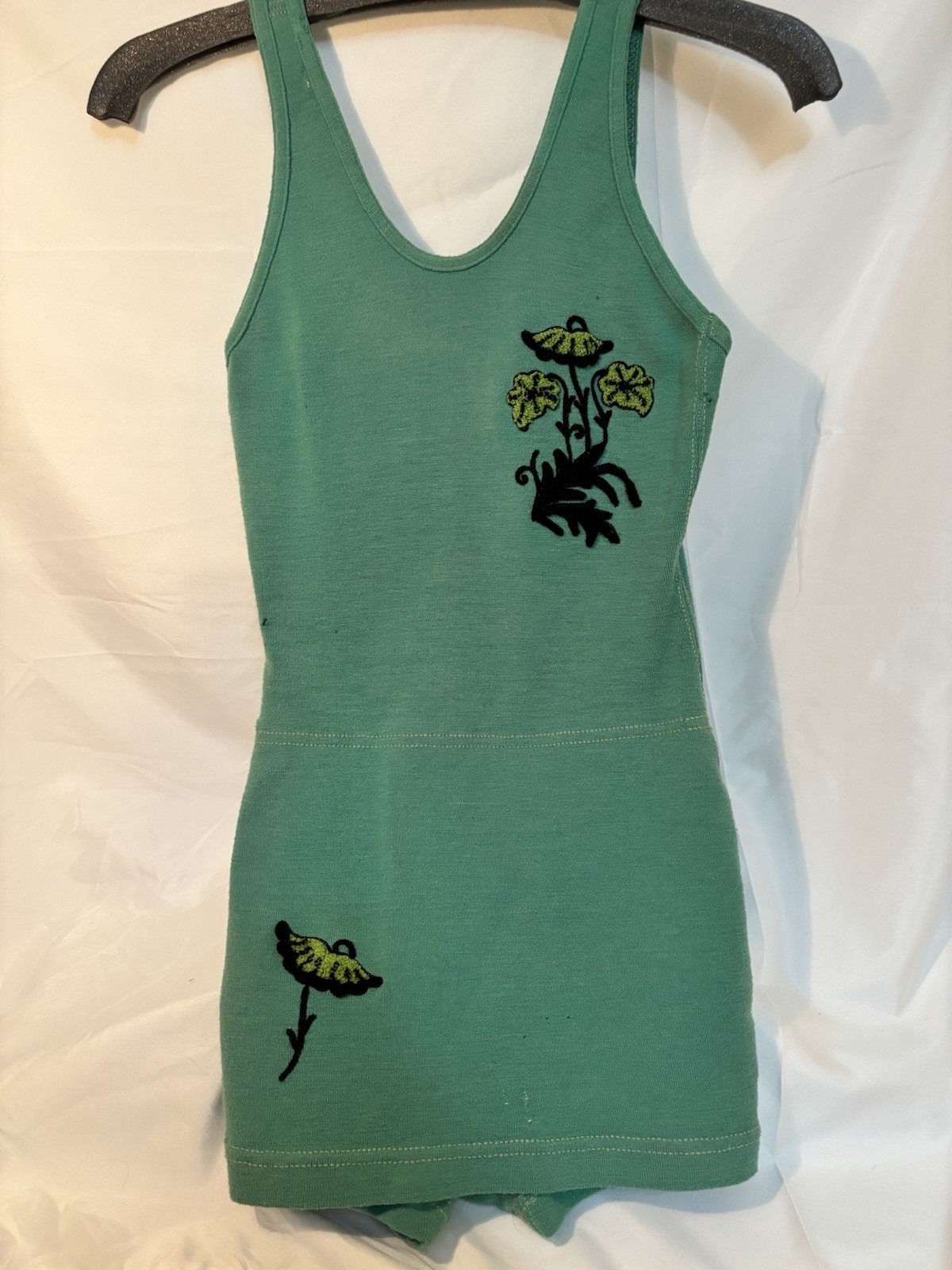 Antique Vtg 1930’s Green Floral Wool Knit Pinup Girl Deco Swimsuit