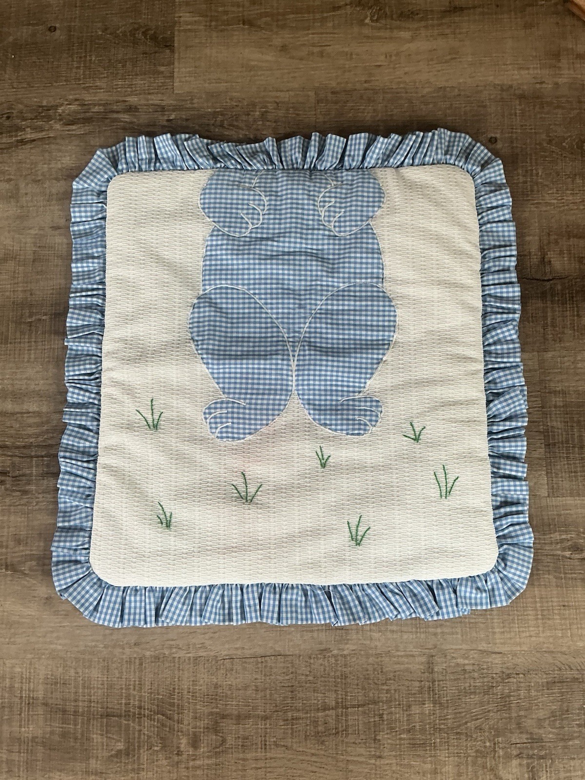 Vintage Handmade Baby Quilt Blanket Blue Gingham Appliqué Bunny Rabbit Ruffle Vintage Handmade Baby Quilt Blanket Blue Gingham Appliqué Bunny Rabbit Ruffle