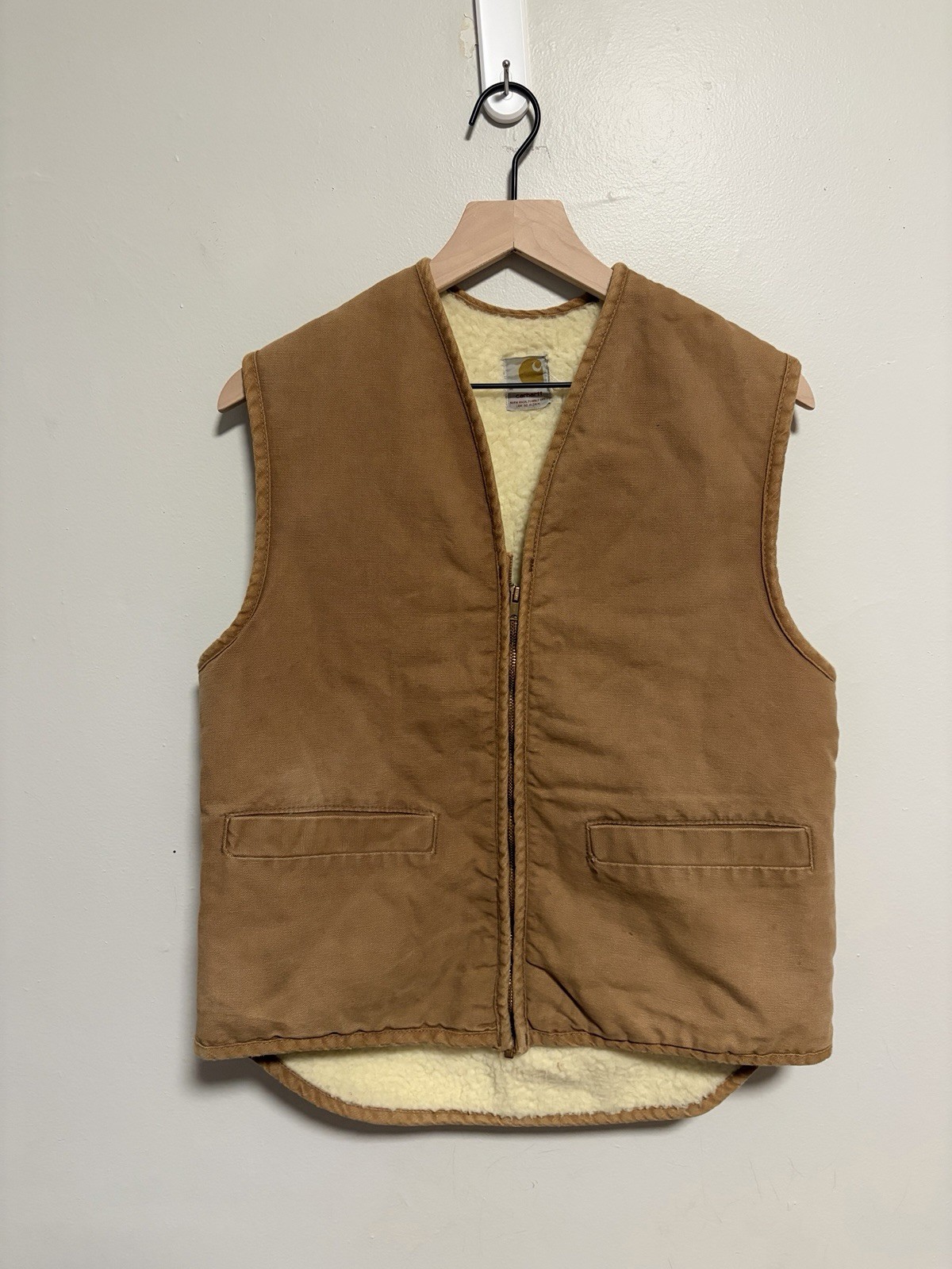 Vintage 70s Carhartt Sherpa Lined Duck Canvas Brown Work Vest Size Medium USA