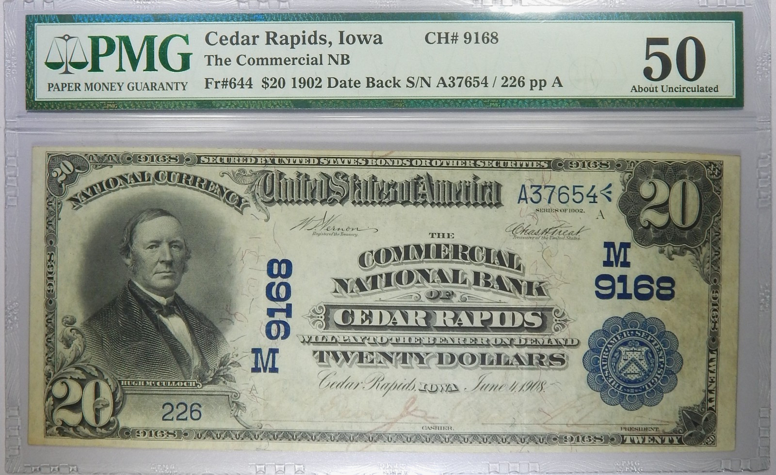 Top Pop 1902 Cedar Rapids, Iowa Commercial National Bank Date Back $20 PMG 50 Top Pop 1902 Cedar Rapids, Iowa Commercial National Bank Date Back $20 PMG 50