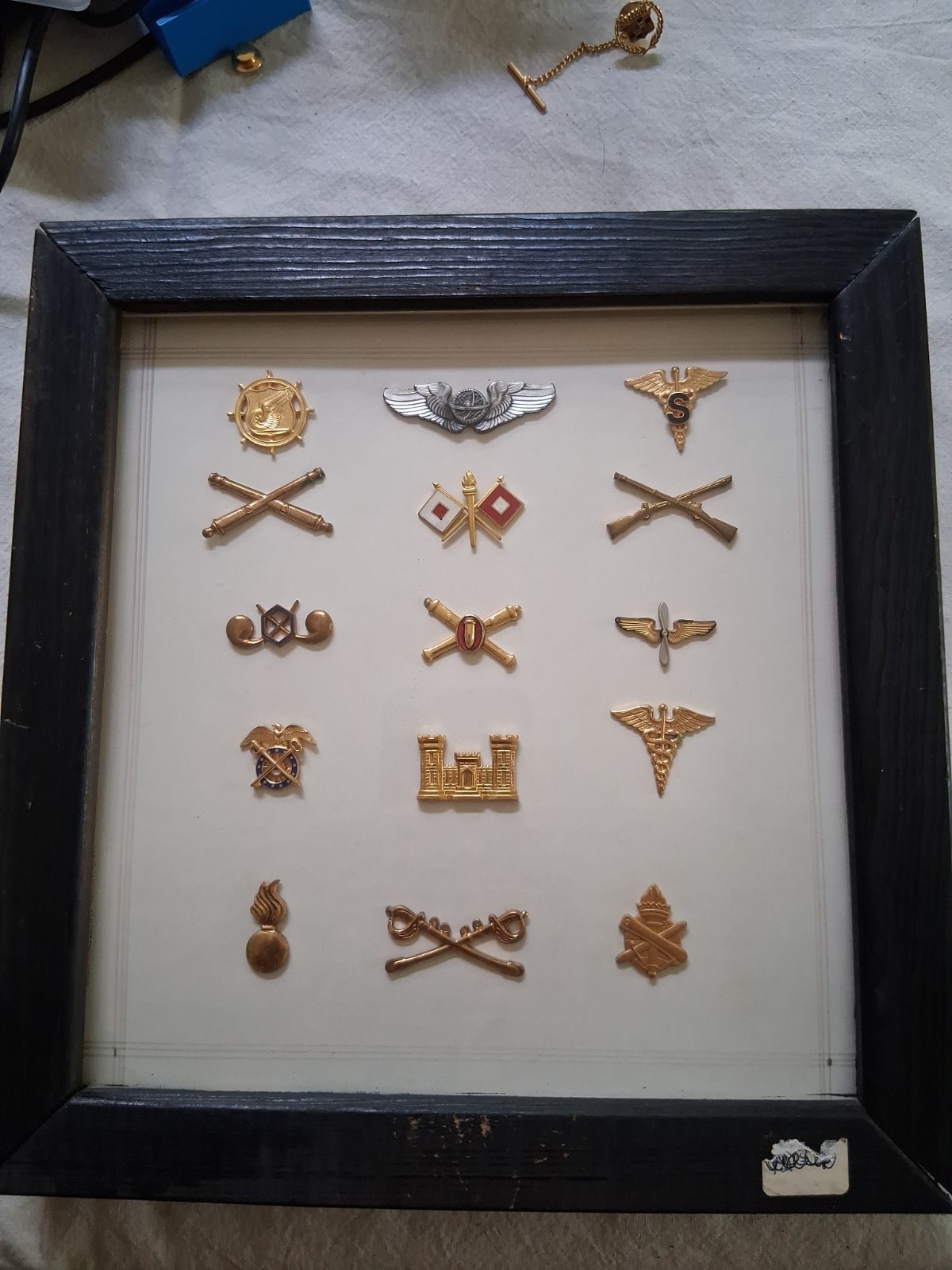 Various Military Pin Collection Wood Frame With Glass Various Military Pin Collection Wood Frame With Glass