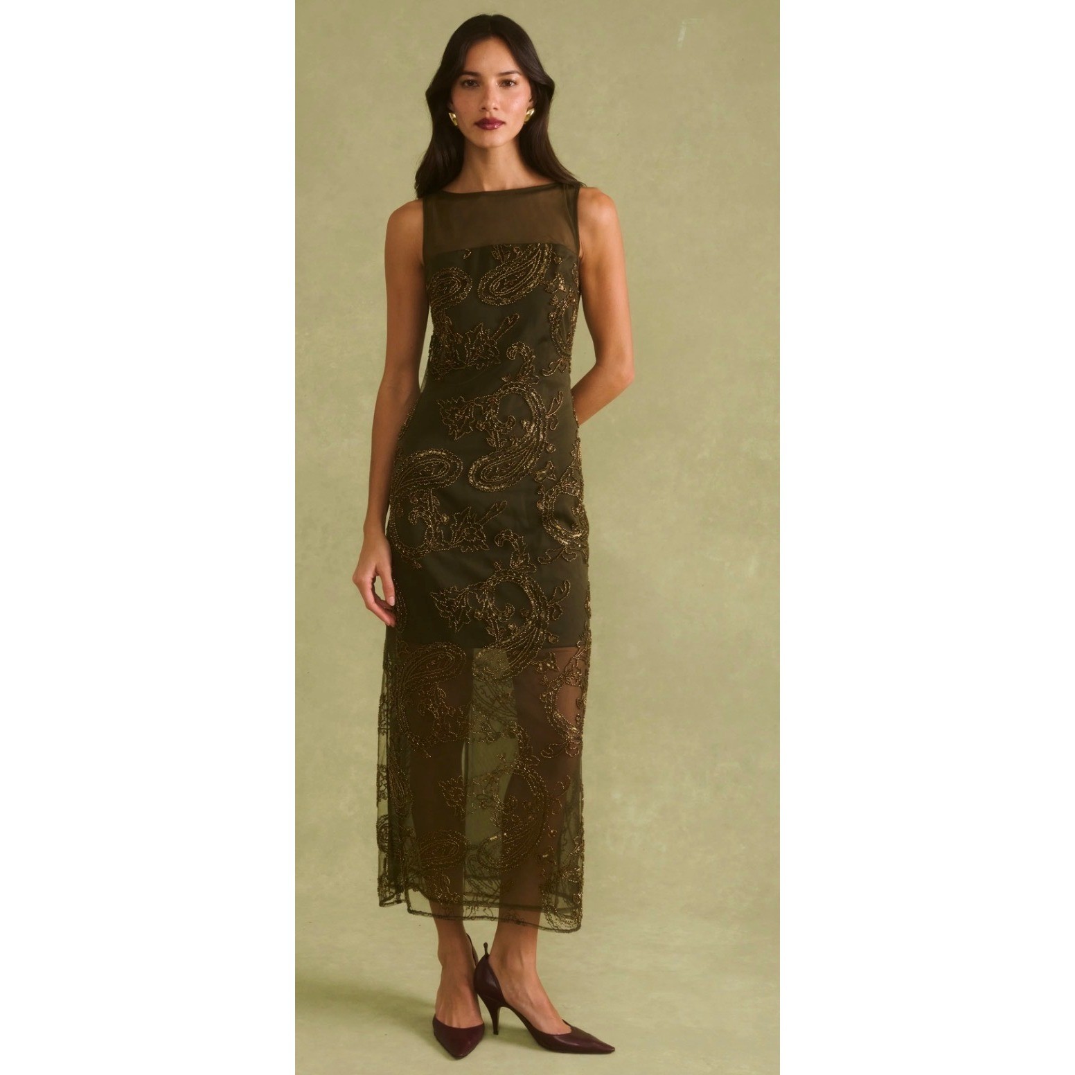 Few Moda Sorella Atelier Olive Green Beaded Paisley Mesh Maxi Dress Size 2