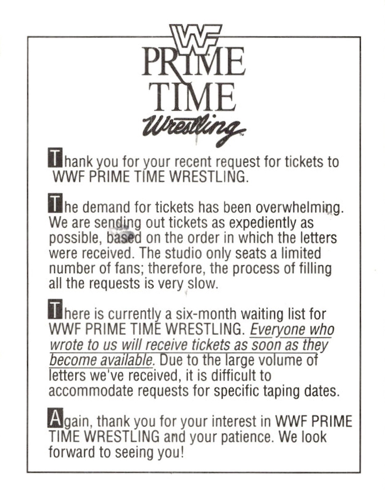 Original WWF Prime Time Wrestling 1991 TitanSports Studio Show Ticket Postcard