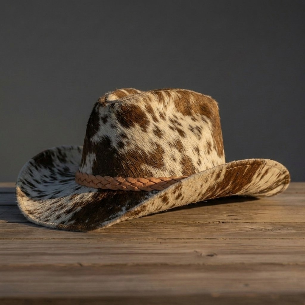 Brown White Hair-On Cowhide Cowboy Hat with Braided Leather Band Western Unisex