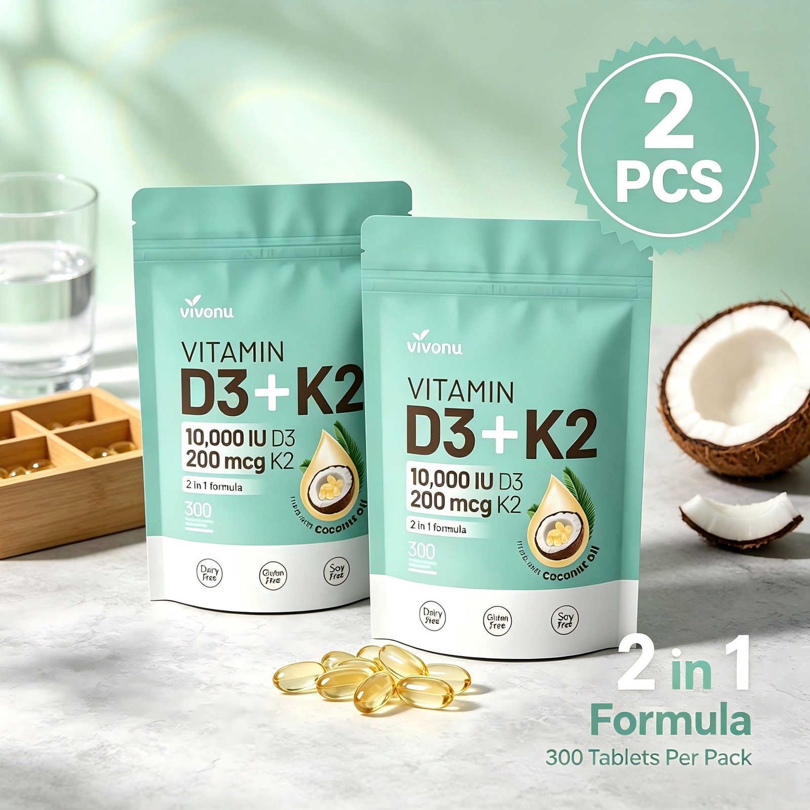 2pcs Vivonu Vitamin D3 + K2 Softgels Coconut Oil Bone Immune Support Supplement