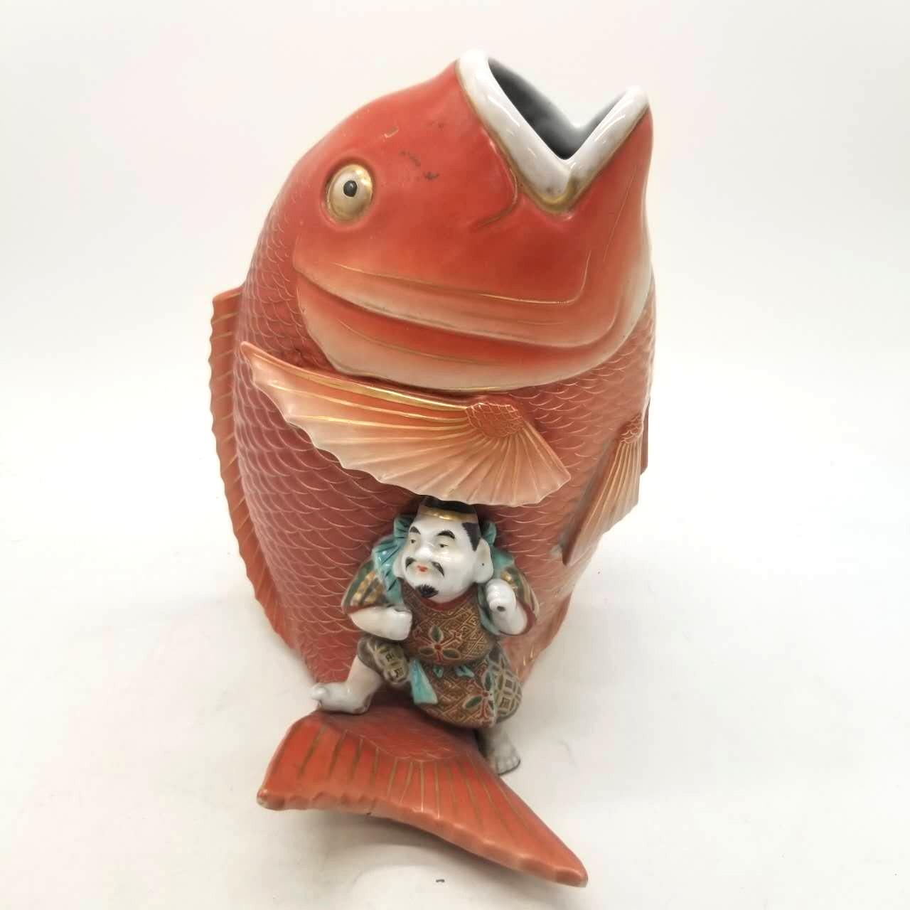 Vintage Japanese Kutani Ware Vase Lucky God Ebisu Fishing for a Red Sea Bream